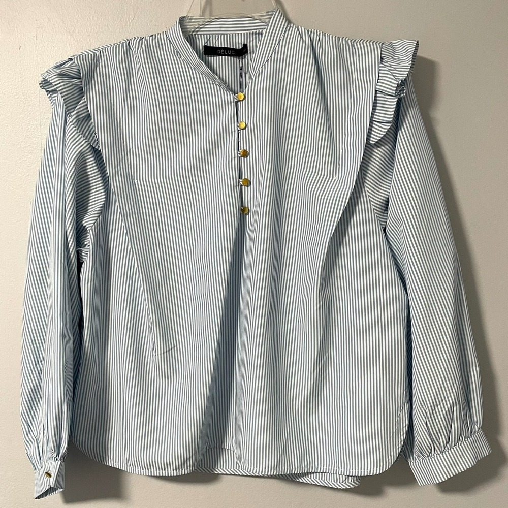 Deluc Blue & White Striped Half Button Front Top M NWT Gold Buttons Ruffles